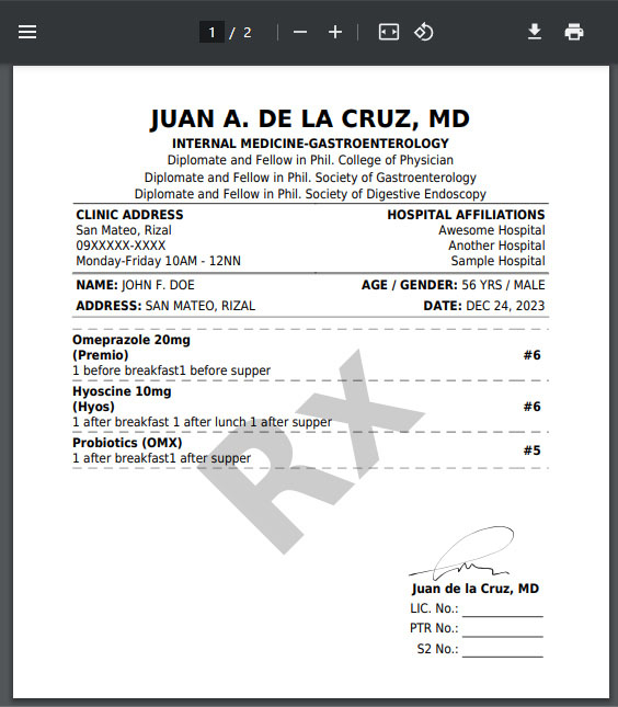 Image showing drug prescription with auto-filled data and electronic signature in PDF format